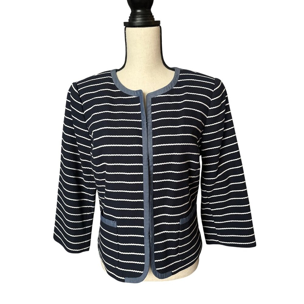 NWT Talbots Navy White Striped Blazer Eye Hook Front Close Cotton Jacket Size 12